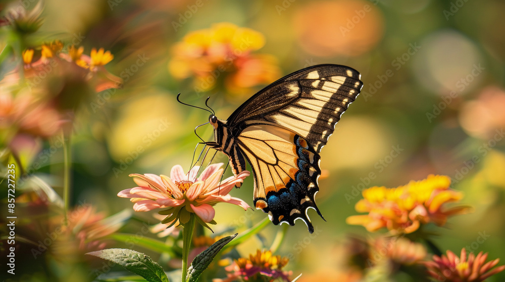 a close-up view of a black and yellow butterfly with blue and orange spots near the lower wings, perched on a pink flower a close-up view of a black and yellow butterfly with blue and orange spots near the lower wings, perched on a pink flower