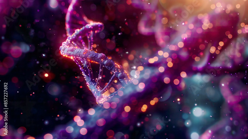 Abstract background with a 3D DNA model detailed double helix structure vibrant colors glowing effects dark gradient backdrop ultra-