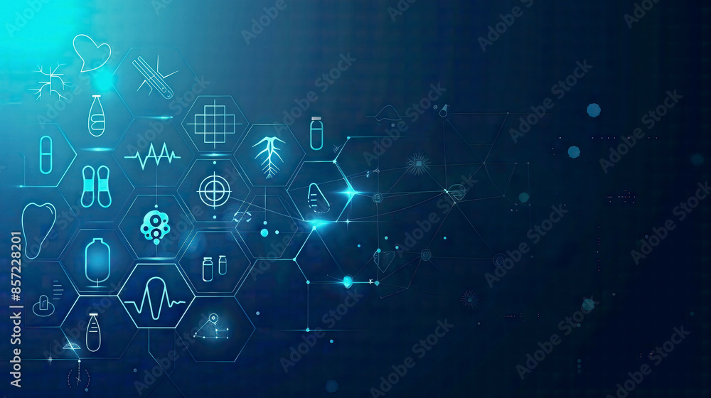 Abstract design with flat icons and symbols for healthcare and technology, blue gradient background, template for health care business and medical research, modern and detailed Abstract design with flat icons and symbols for healthcare and technology, blue gradient background, template for health care business and medical research, modern and detailed
