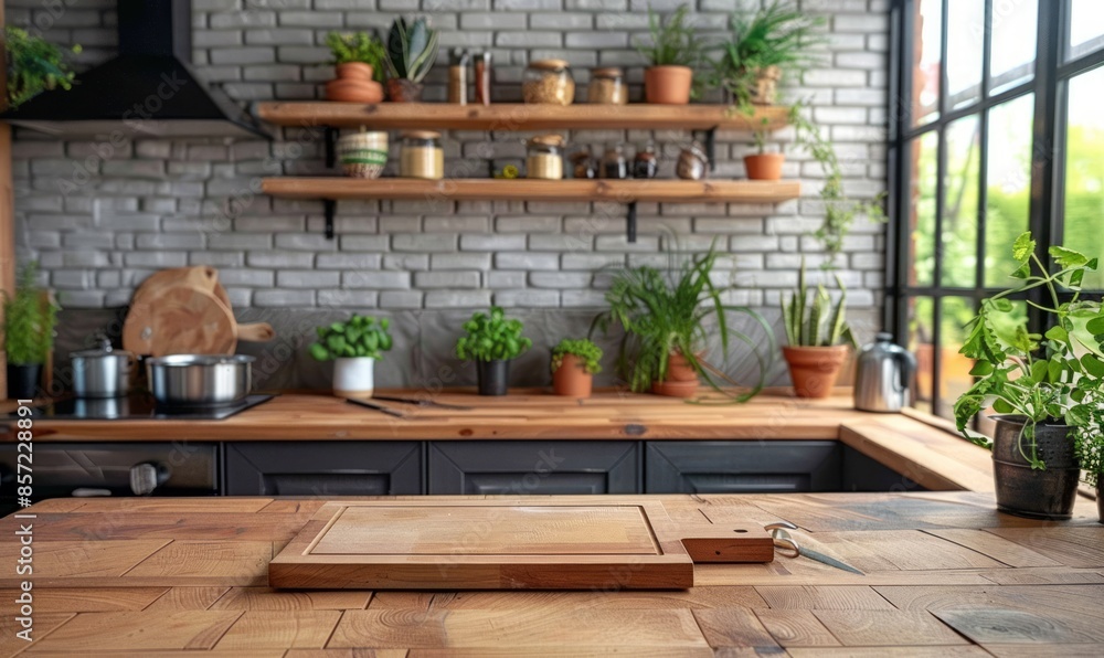 Serene kitchen with an empty cutting board Serene kitchen with an empty cutting board