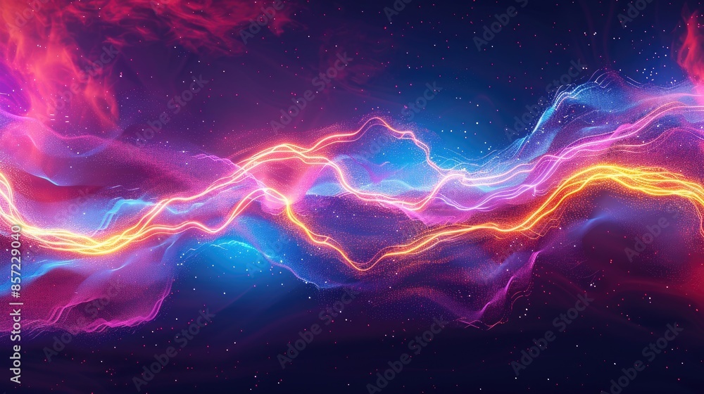 Vibrant abstract neon light wave pattern on a dark background, showcasing dynamic colorful energy lines in purple and blue hues. Vibrant abstract neon light wave pattern on a dark background, showcasing dynamic colorful energy lines in purple and blue hues.