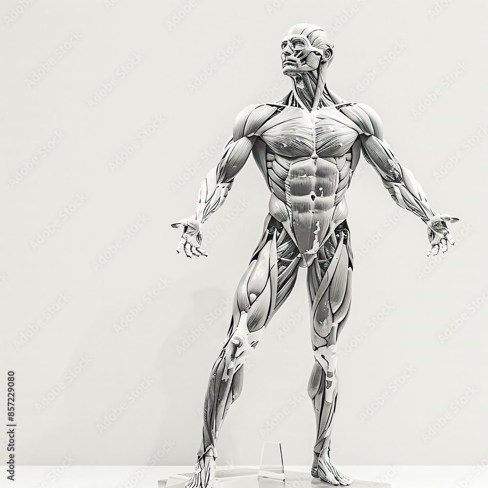 Fototapeta premium Anatomical prototype of a man detailed musculature and skeletal structure semi-transparent set against a clean white background precise and realistic