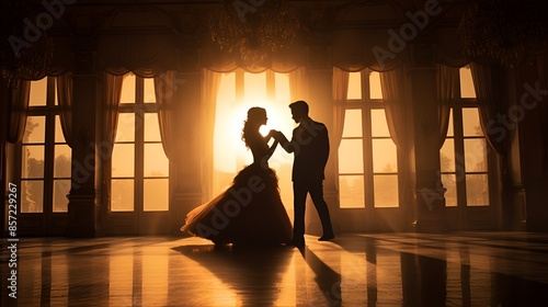 The silhouette of a couple dancing in a ballroom