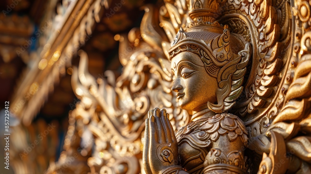 Glorious Gold Leaf Art Featuring Intricate Thai Patterns on Religious Statue Glorious Gold Leaf Art Featuring Intricate Thai Patterns on Religious Statue
