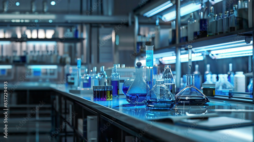 Biotechnology lab setup with pipettes and chemical solutions, photorealistic Biotechnology lab setup with pipettes and chemical solutions, photorealistic