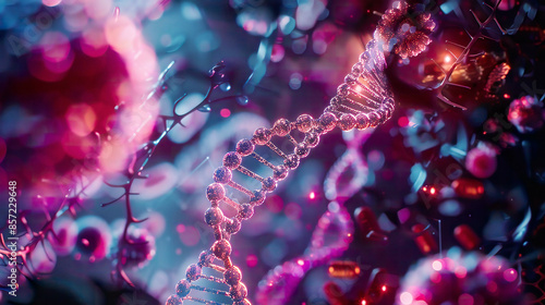 Cancer cell and DNA strand in a 3D rendering, glowing and vibrant, dark gradient background, high-definition, concept for oncology research, precise and realistic 