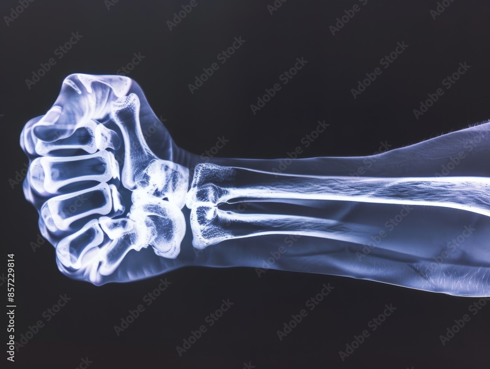 Naklejka premium Intense X-Ray Style Close-up of Injured Hand Holding Weight - Detailed Anatomy with Text Space