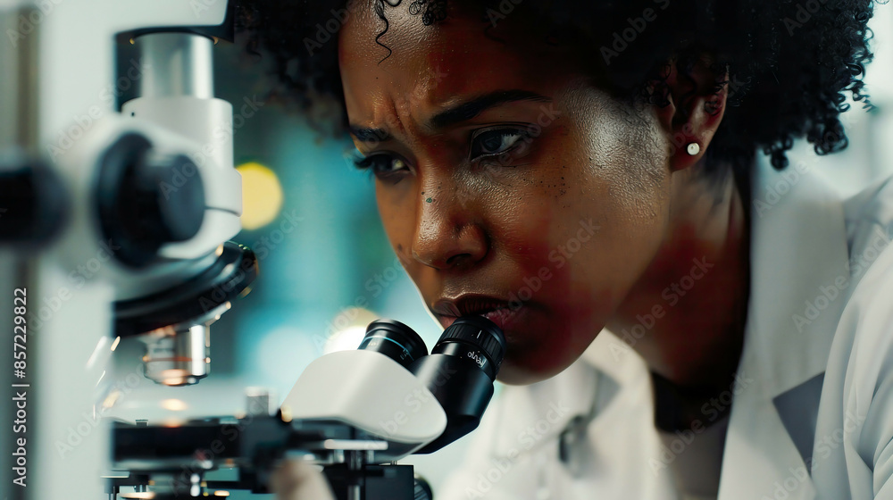 Close-up of a black female scientist working in a medical science laboratory examining a test sample under a microscope ambitious and focused using advanced equipment detailed and professional Close-up of a black female scientist working in a medical science laboratory examining a test sample under a microscope ambitious and focused using advanced equipment detailed and professional