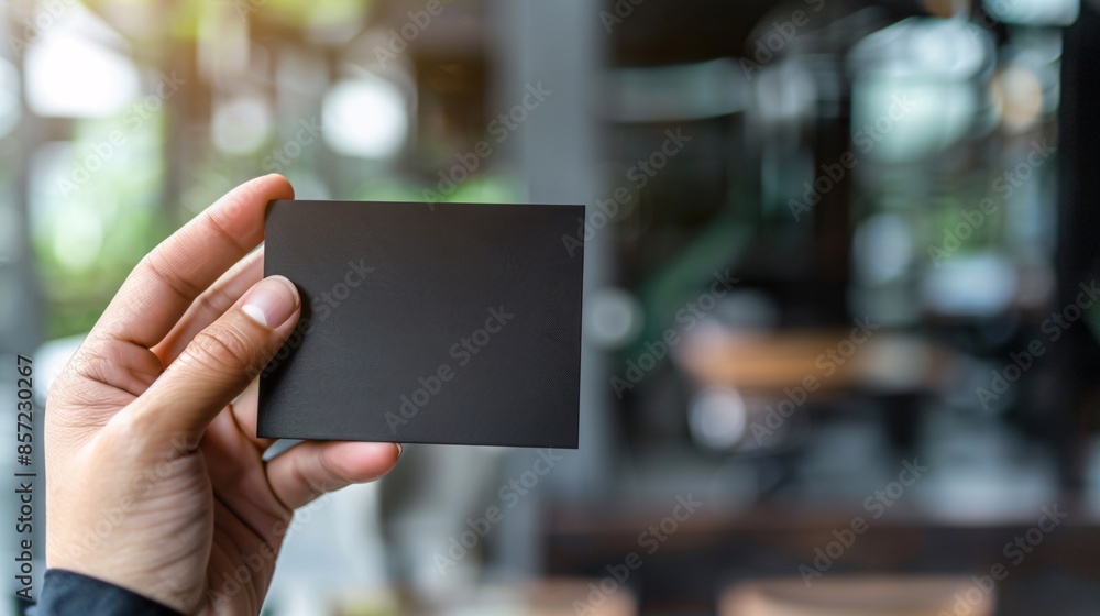 A hand holding a sleek business card with a professional design, set against a background of a modern office environment, emphasizing the importance of networking and professional branding A hand holding a sleek business card with a professional design, set against a background of a modern office environment, emphasizing the importance of networking and professional branding