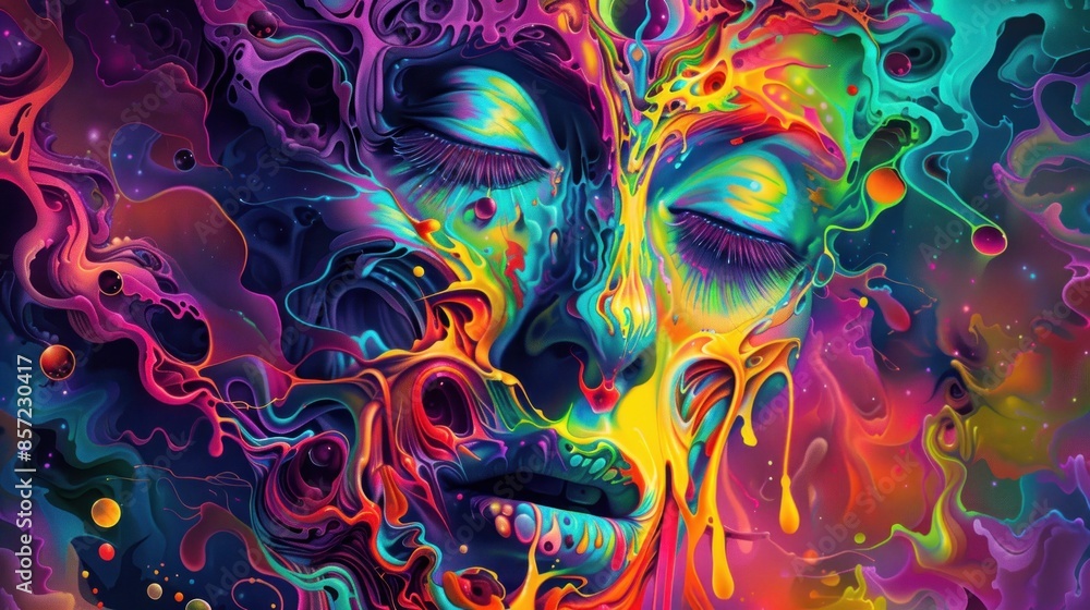 Vibrant surreal face immersed in cosmic colors Vibrant surreal face immersed in cosmic colors