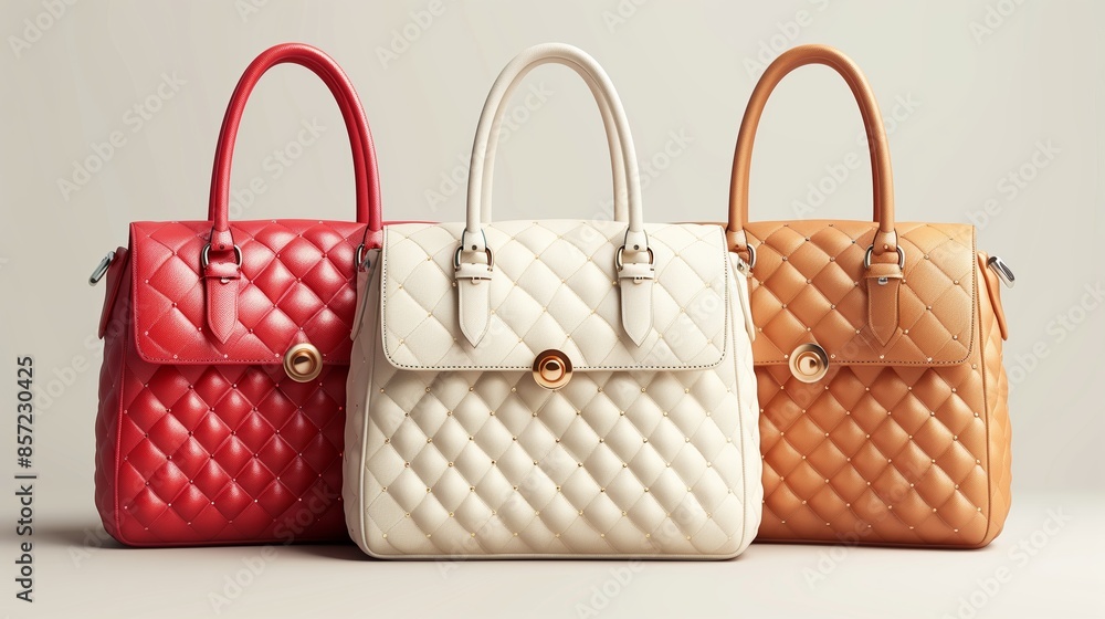 Three Quilted Leather Handbags in Red, White, and Tan:This Image Features Three Stylish Quilted Leather Handbags, Each in a Different Color Three Quilted Leather Handbags in Red, White, and Tan:This Image Features Three Stylish Quilted Leather Handbags, Each in a Different Color