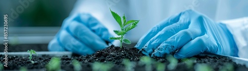 Soil testing in a hightech lab, closeup on gloved hands, digital holograms displaying results, photorealistic photo