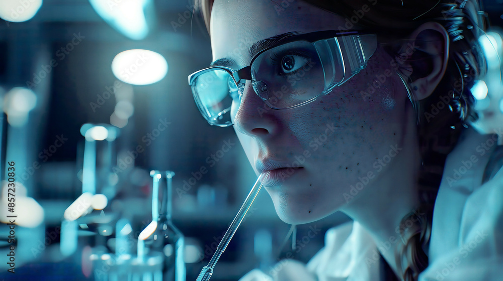 Close-up of a woman in a chemistry laboratory using pipettes and test tubes detailed and professional bright lighting high-definition rendering Close-up of a woman in a chemistry laboratory using pipettes and test tubes detailed and professional bright lighting high-definition rendering