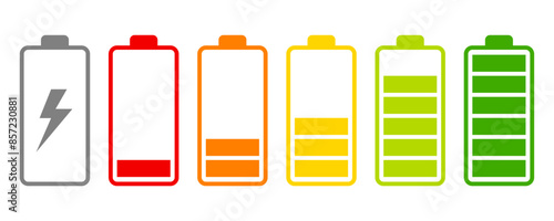 Battery charge flat icons in multiple colors. Battery charging, charge indicator. Vector icon of a fully charged battery.