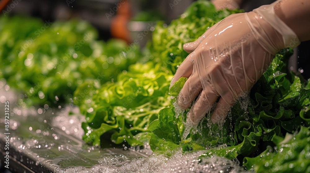 Close-up of gloved hands washing fresh green lettuce in a kitchen, ensuring clean and healthy vegetables for cooking and consumption. Close-up of gloved hands washing fresh green lettuce in a kitchen, ensuring clean and healthy vegetables for cooking and consumption.