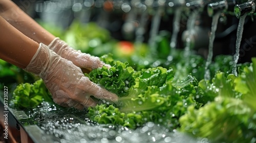 Close-up of gloved hands washing fresh lettuce under running water in a kitchen, ensuring cleanliness and hygiene for healthy eating.
