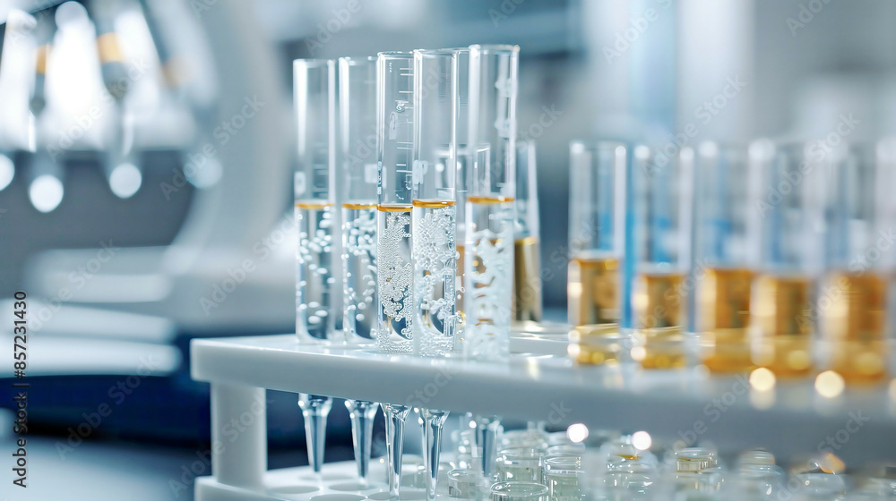 Close-up of test tubes being placed into a holder by a lab assistant modern and bright lab environment precise focus on the tubes realistic textures Close-up of test tubes being placed into a holder by a lab assistant modern and bright lab environment precise focus on the tubes realistic textures