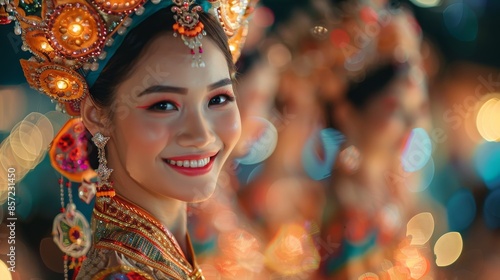Futuristic Fusion: Thai Patterned Traditional Dance Costumes with Intricate Embroidery and Glowing Smiles