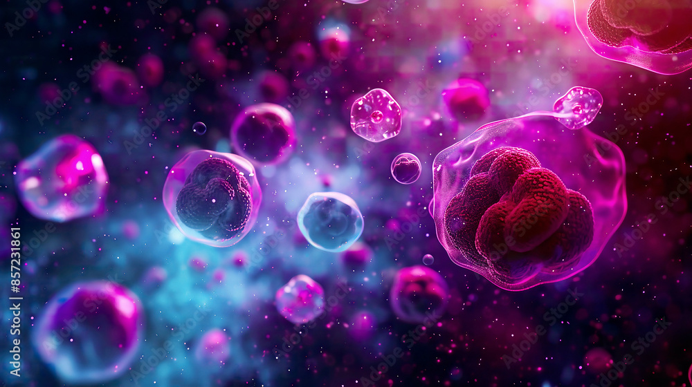 Creative 3D render of embryonic stem cells bright and vivid colors detailed cellular structures dark gradient background photorealistic concept of cellular therapy Creative 3D render of embryonic stem cells bright and vivid colors detailed cellular structures dark gradient background photorealistic concept of cellular therapy