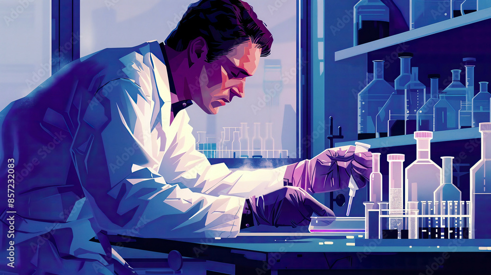 Detailed illustration of microbiologist in lab attire dropping reagent into petri dish Detailed illustration of microbiologist in lab attire dropping reagent into petri dish