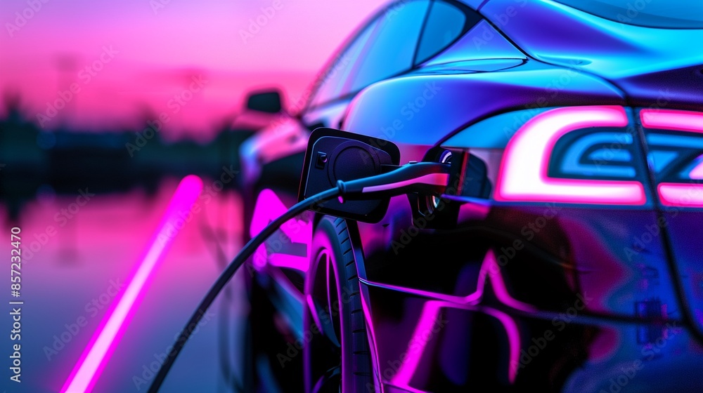 Psychedelic electric car charging with vibrant colors, Surreal, Bright neon hues, Digital art, Abstract elements