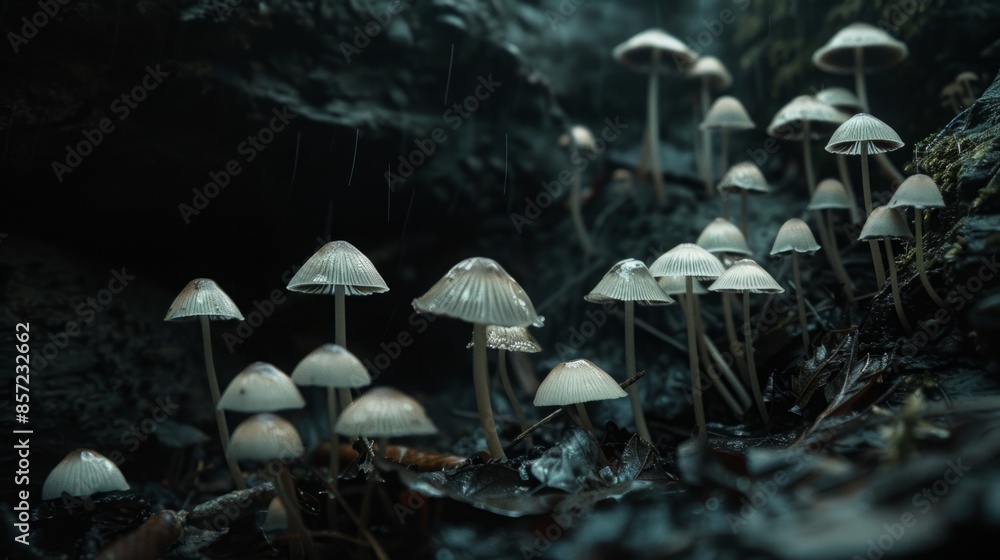 Fototapeta premium The Hidden World of Psychedelic Mushrooms in a Dark, Moist Cave