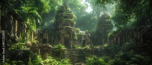 Ancient ruins in a dense jungle with vines and foliage, 8k UHD
