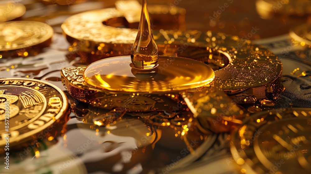 Oil droplet forming dollar sign, gold coins beneath, US currency pattern, Gold and Oil and US Dollars, Financial power and market interplay Oil droplet forming dollar sign, gold coins beneath, US currency pattern, Gold and Oil and US Dollars, Financial power and market interplay