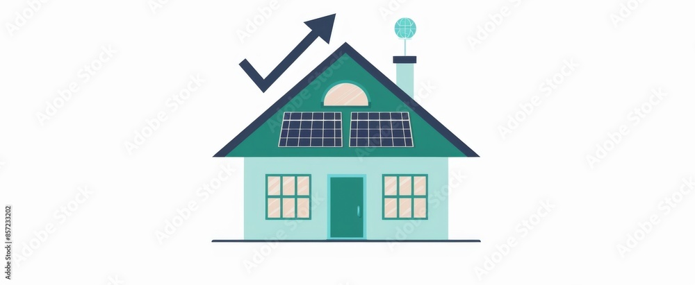 Minimalist Logo of Green House Roof with Solar Panels and Grey Upward Arrow Minimalist Logo of Green House Roof with Solar Panels and Grey Upward Arrow