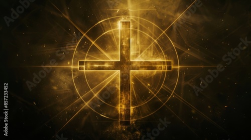 Sacred Fusion Logo: Cross with Lines and Circles on Black Background with Golden Light