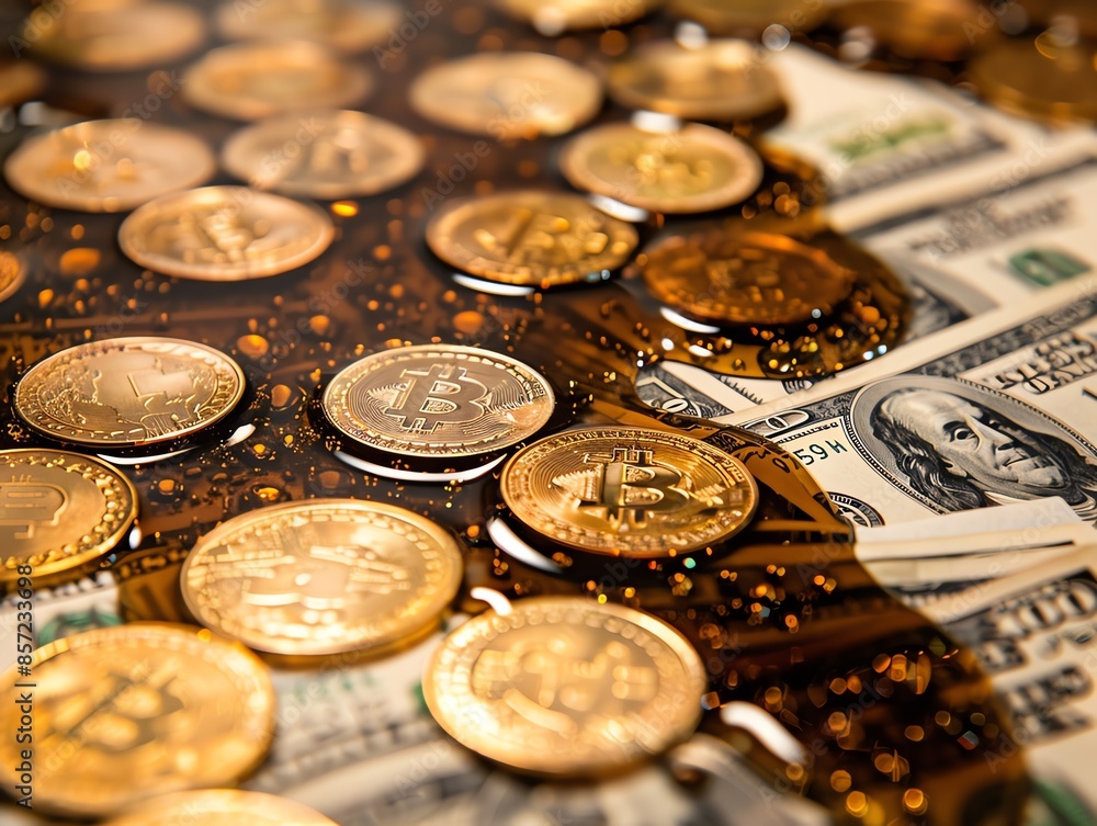 Gold coins with oil spill, US dollar notes forming a pattern, Gold and Oil and US Dollars, Impact of commodities on the financial landscape Gold coins with oil spill, US dollar notes forming a pattern, Gold and Oil and US Dollars, Impact of commodities on the financial landscape