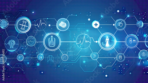 Healthcare and technology concept with flat icons and symbols blue gradient background template design for health care business and innovation medicine modern and clean layout illustration 