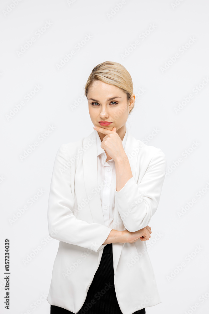 Portrait of a happy young blonde woman having many ideas over isolated white background. Positive expression of a human face, emotions, feeling of perception of life. Decision making process concept.