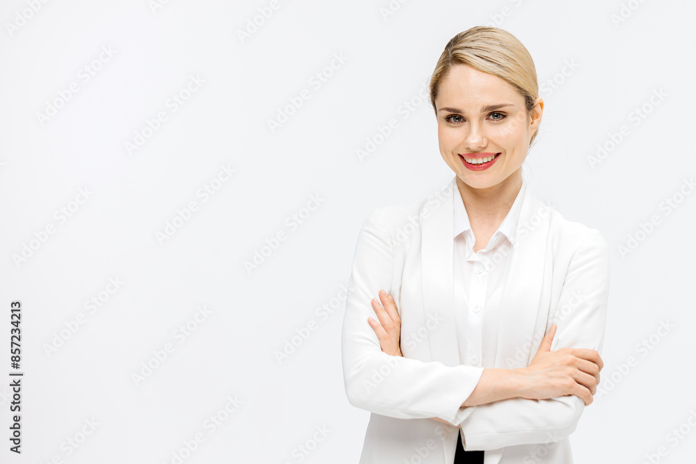 A confident female manager, driven by success, blonde. Portrait of a business woman on a white background. The concept of successful business and career growth. A confident female manager, driven by success, blonde. Portrait of a business woman on a white background. The concept of successful business and career growth.