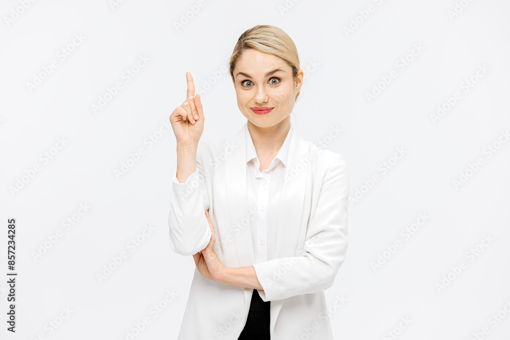 Portrait of a happy young blonde woman having many ideas over isolated white background. Positive expression of a human face, emotions, feeling of perception of life. Decision making process concept. Portrait of a happy young blonde woman having many ideas over isolated white background. Positive expression of a human face, emotions, feeling of perception of life. Decision making process concept.