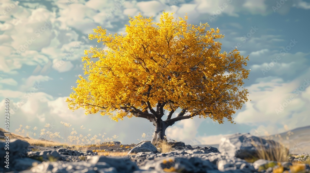 Fototapeta premium Explore the enchanting beauty of nature in a 3D rendering showcasing a tree with vibrant yellow leaves, 