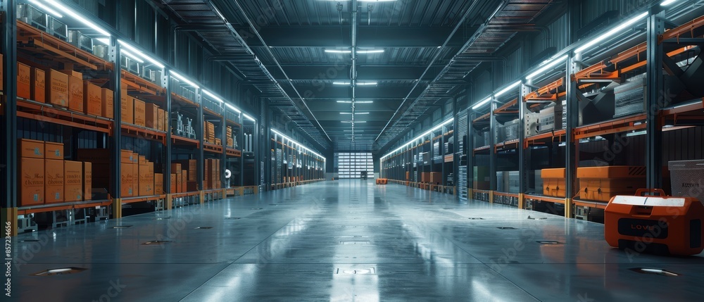 Automated warehouse with robotic systems managing inventory, showcasing efficiency and technology in logistics, high- image Automated warehouse with robotic systems managing inventory, showcasing efficiency and technology in logistics, high- image
