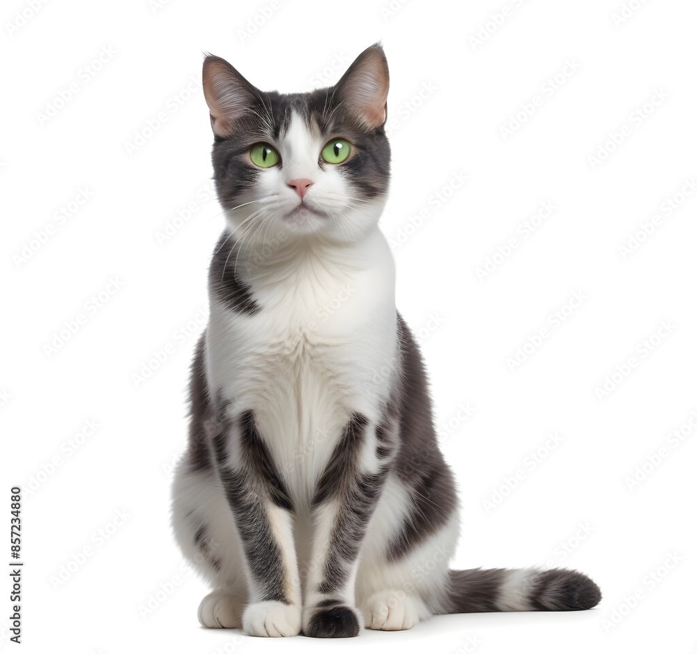 Isolated gray and white cat with bright green eyes, on a white background Isolated gray and white cat with bright green eyes, on a white background