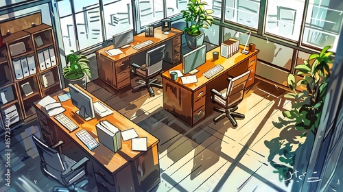 Bright, modern office space with desks, chairs, computers, and plants. Perfect for workplace and productivity themes.