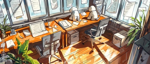 A bright and cozy home office with wooden desks, ergonomic chairs, indoor plants, multiple monitors, and natural light pouring through the large windows.