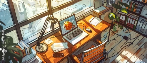 Cozy home office workspace with wooden desk, laptop, books, and sunlight. Modern interior design for productivity.