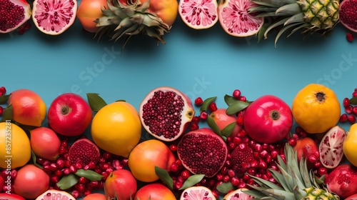 A vibrant mix of red apples, pomegranates, and pineapple on a blue background.