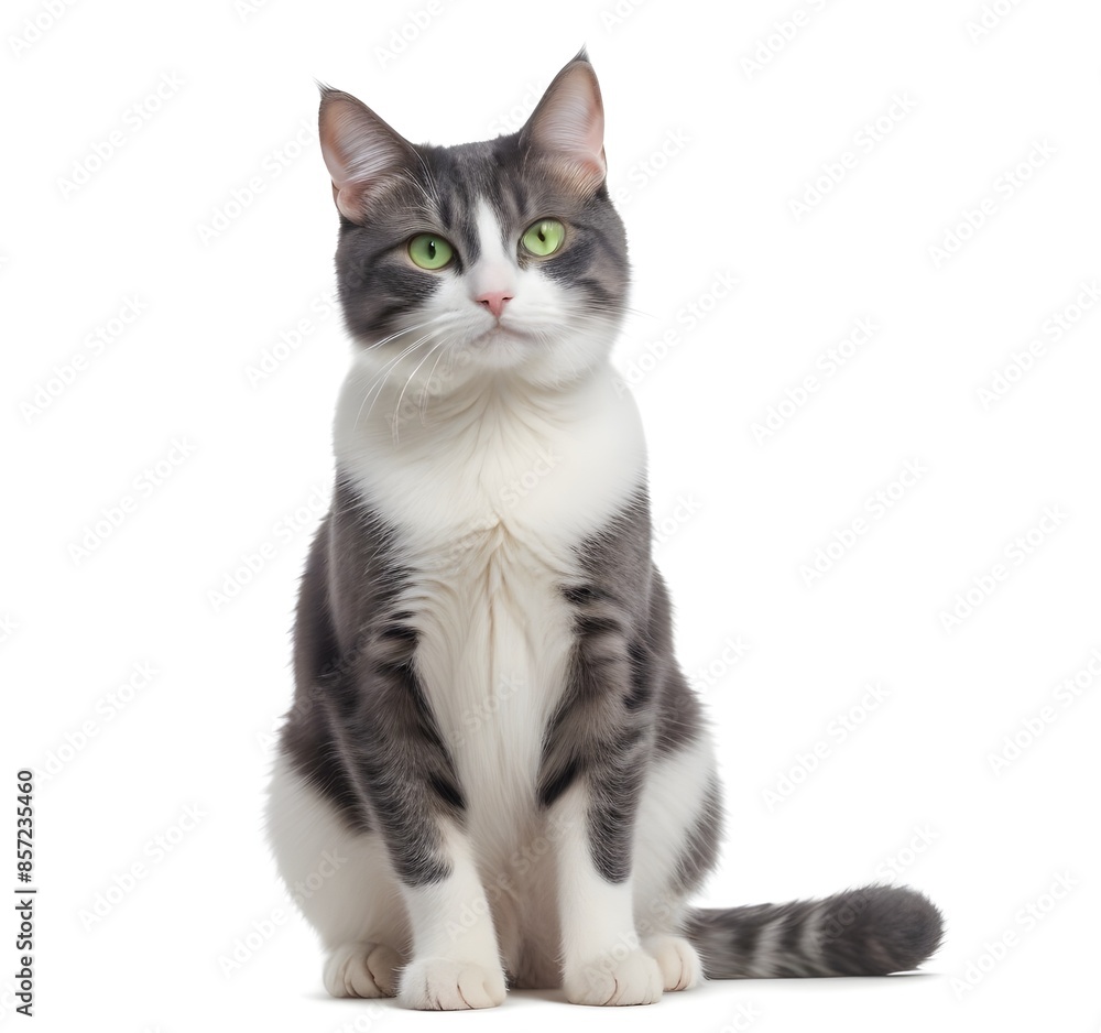 Isolated gray and white cat with bright green eyes, on a white background Isolated gray and white cat with bright green eyes, on a white background