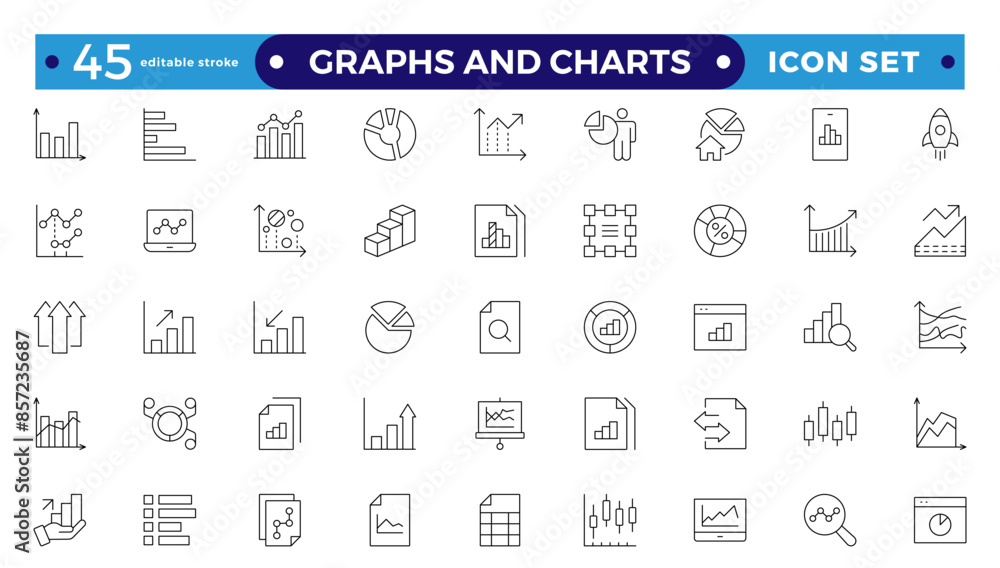 Growing bar graph icon set. Business graphs and charts icons. Statistics and analytics  Outline icon. Statistic and data, charts diagrams, money, down or up arrow. Editable stroke outline icon