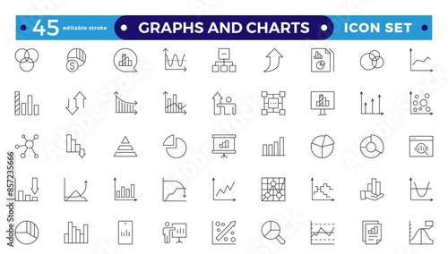Growing bar graph icon set. Business graphs and charts icons. Statistics and analytics  Outline icon. Statistic and data, charts diagrams, money, down or up arrow. Editable stroke outline icon