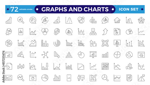 Growing bar graph icon set. Business graphs and charts icons. Statistics and analytics  Outline icon. Statistic and data, charts diagrams, money, down or up arrow. Editable stroke outline icon