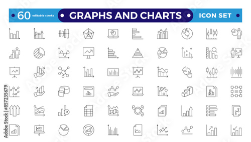 Growing bar graph icon set. Business graphs and charts icons. Statistics and analytics  Outline icon. Statistic and data, charts diagrams, money, down or up arrow. Editable stroke outline icon