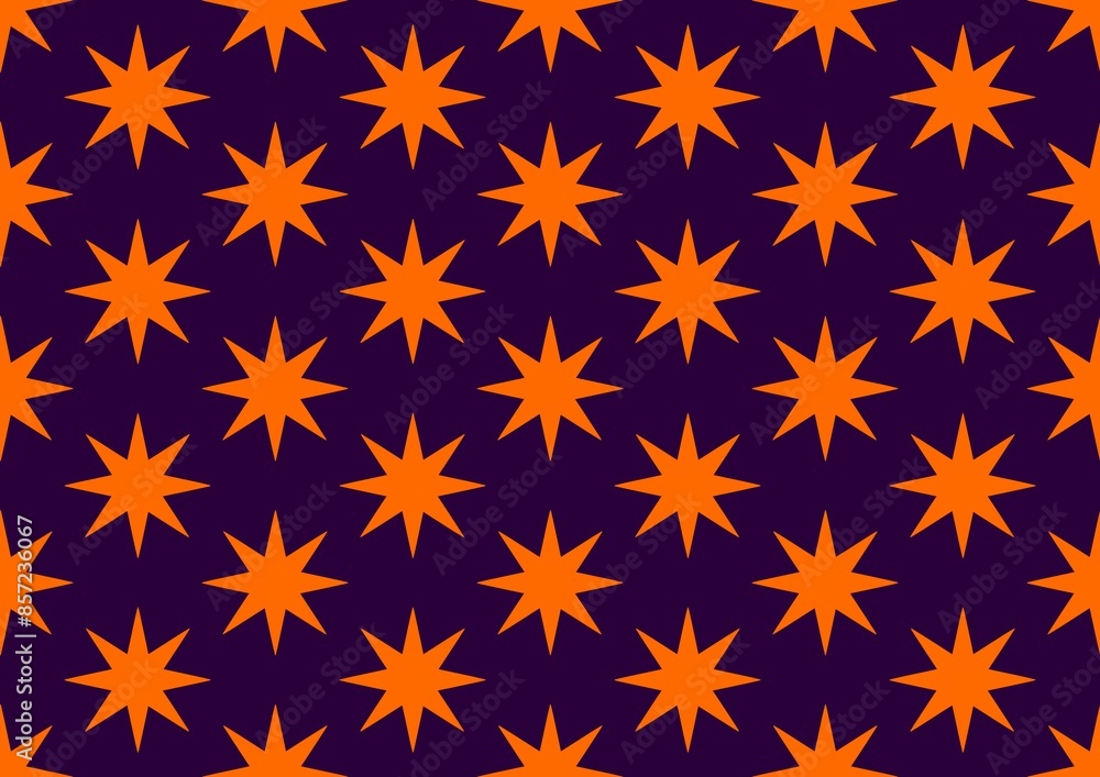 Pattern with a orange star. Seamless stars. Star icon. Postcard. Business card. Bright orange sun, pop art style template sparkling pattern. Violet background Pattern with a orange star. Seamless stars. Star icon. Postcard. Business card. Bright orange sun, pop art style template sparkling pattern. Violet background