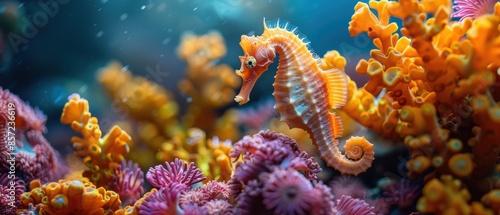 Beautiful seahorse clinging to a piece of coral in a vibrant reef © Starkreal