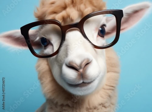 Quirky sheep wearing glasses against a blue background exudes wisdom and humor, embodying intelligence and wit